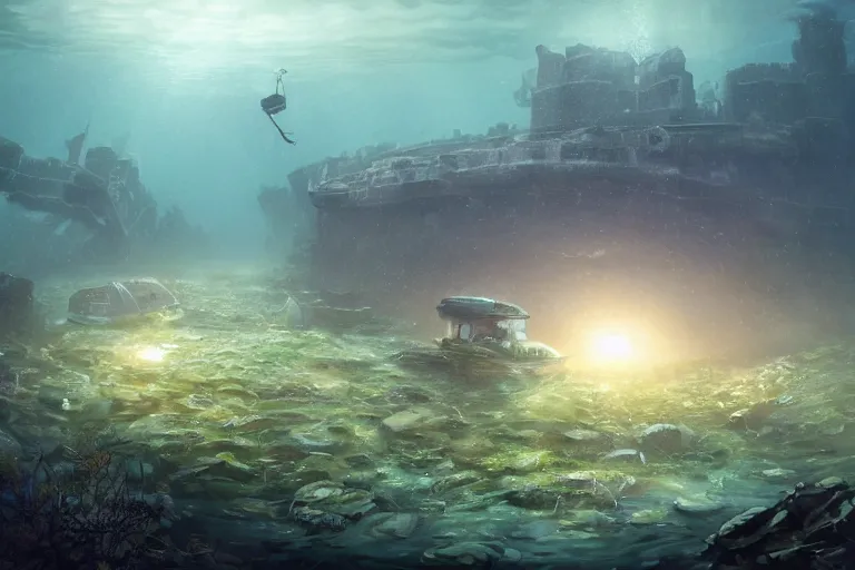 Prompt: an epic landscape view of manhattan underwater, with a submersible with a shining headlight exploring the ruins, with seaweed, fish, painted by tyler edlin, wide angle, atmospheric, volumetric lighting, cinematic, very realistic, highly detailed digital art