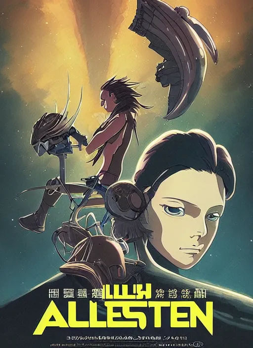 Prompt: poster for alien vs predator by loish, makoto shinkai, studio ghibli