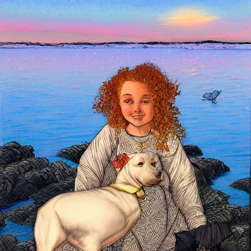 Prompt: pretty girl with curly blonde hair sits next to her white pitbull, sitting on a riverbank watching the sunset, painting by rebecca guay