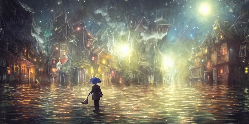 Image similar to a realistic and atmospheric cell - shaded concept art from howl's moving castle ( 2 0 0 4 ) of a multi - colored ufo. a man with an umbrella is standing in a boat in a flooded alleyway. it is a misty starry night. very dull colors, hd, 4 k, hq