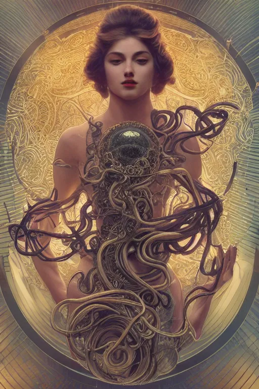 Image similar to an immaculate render of a complex metallic sphere spawning cables and bird wings, floating in a temple surrounded by wild tentacles made from mandalas and incense smoke, full body, perfect face, powerful, cinematic, beautifully lit, by artgerm, by alphonse mucha, by karol bak, 3 d, trending on artstation, octane render, 8 k