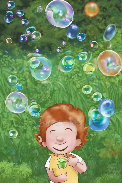 Image similar to a little boy with ginger hair blowing bubbles in a garden. clean elegant simple illustration, beautiful detailed face.