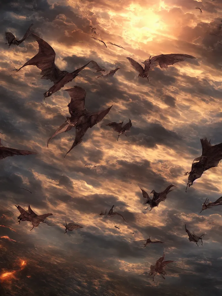 Image similar to chimeras flying in the new dawn for humanity, cgi anime, 3d art, digital art