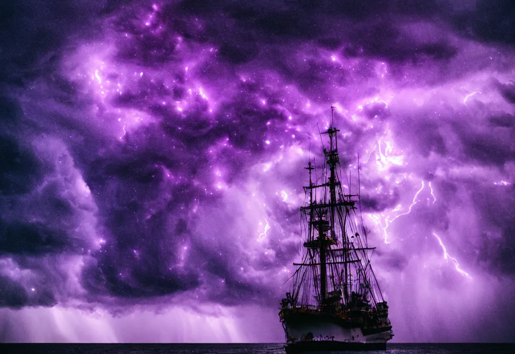 Image similar to purple color lighting storm with stormy sea, pirate ship firing its cannons real life trippy nebula sky 50mm shot