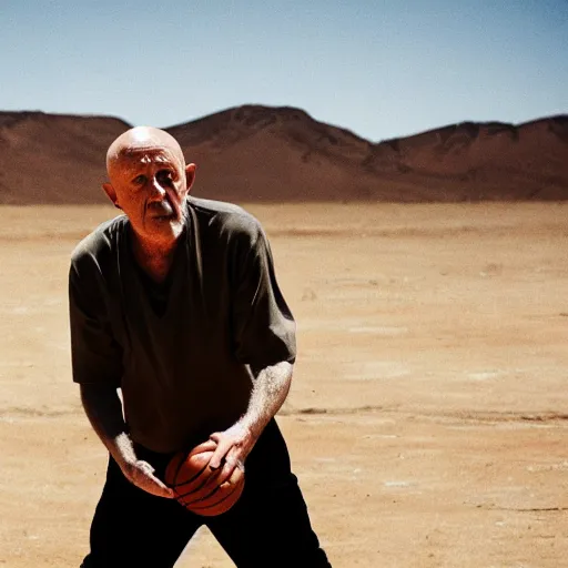 Prompt: mike ehrmantraut from breaking bad playing basketball at a desert, professional photography, cinematic, hd