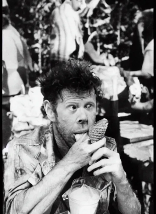 Image similar to Tom Waits eating ice cream pizza , photograph