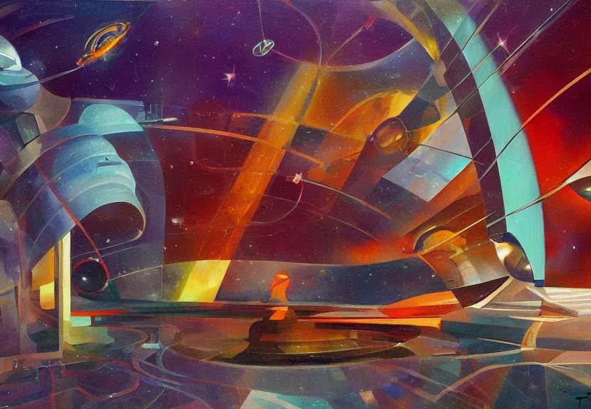 Image similar to ! dream an oil panting of a futuristic space in the metaverse designed by frank gehru