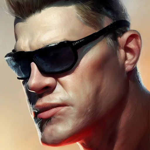 Prompt: portrait of duke nukem, backlit, painted by stanley lau, painted by greg rutkowski, painted by stanley artgerm, masterpiece, digital art, trending on artstation