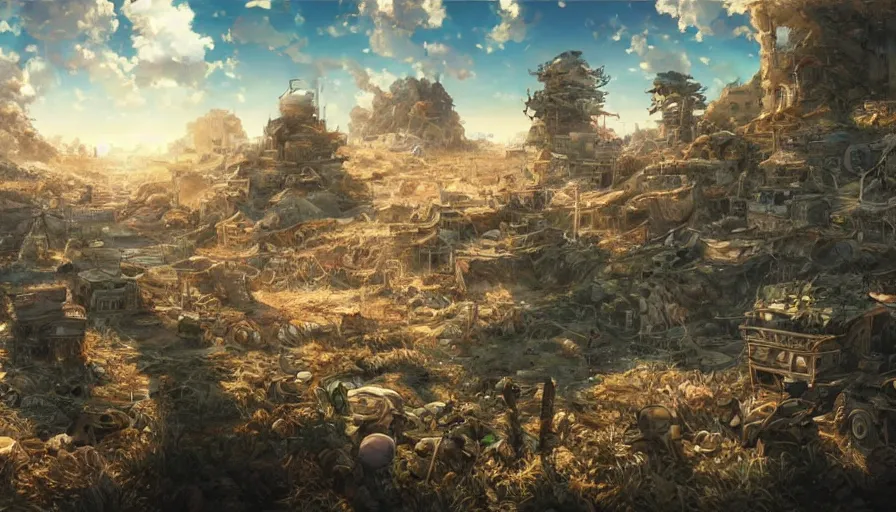 Prompt: the beautiful, dreamy, wistful view of a battlefield after war filled with death. hyperrealistic anime background illustration by kim jung gi, colorful, extremely detailed intricate linework, smooth, super sharp focus, bright colors, high contrast, matte, octopath traveler, unreal engine 5 highly rendered, global illumination, radiant light