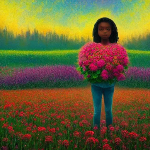 Image similar to large flowers afro, girl standing in a field with flowers, surreal photography, hills, big trees, sunrise dramatic light, impressionist painting, colorful clouds, digital painting, pointillism, artstation, simon stalenhag