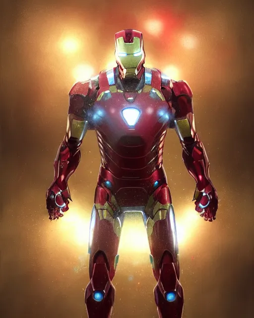 Image similar to ironman in a christmas themed suit, dynamic lighting, fantasy concept art, trending on art station, stunning visuals, creative, cinematic, ultra detailed