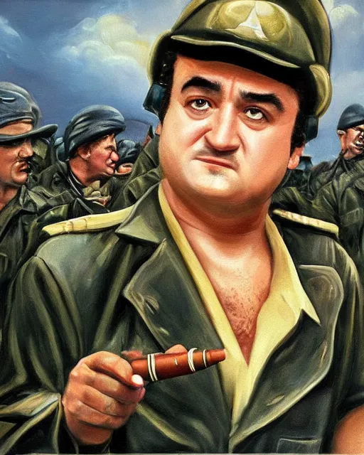 Image similar to oil painting, highly detailed, of john belushi as ww 2 era crazed national guard pilot wild bill kelso with his cigar, from the movie 1 9 4 1