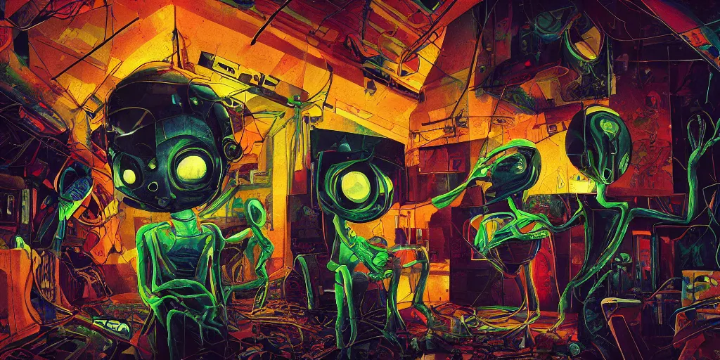 Image similar to subterranean homesick alien, radiohead album art, paranoid android made of stereo components and speakers escaping the karma police, highly stylized, ultra detailed oil painting in the style of frank miller, photorealistic illustration, octane render, 8 k resolution,