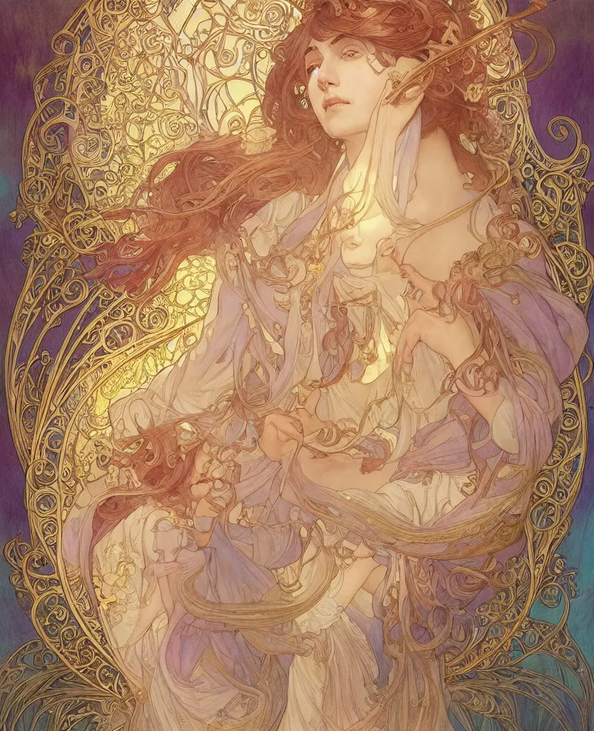 Image similar to an angel, highly detailed, very intricate, art nouveau, gold filigree, romantic storybook fantasy, soft cinematic lighting, award - winning, disney concept art watercolor illustration by mandy jurgens and alphonse mucha and alena aenami, pastel color palette, featured on artstation