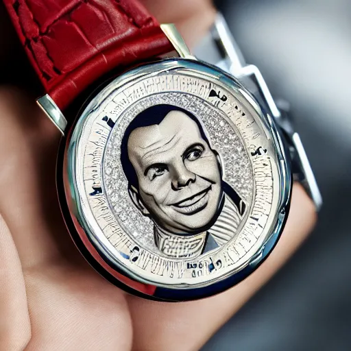 Prompt: watch, portrait of gagarin on the dial, gagarin, gagarin engraving, custom watc, gold silver, diamond, brilliant, super detailed, photorealistic, 8 k white background