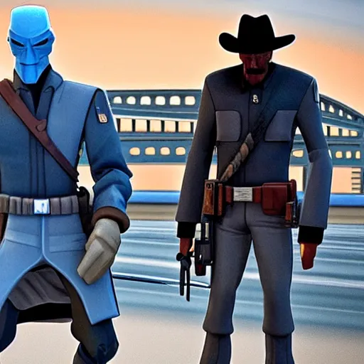 Image similar to duel between cad bane and clint eastwood on the vallecas bridge