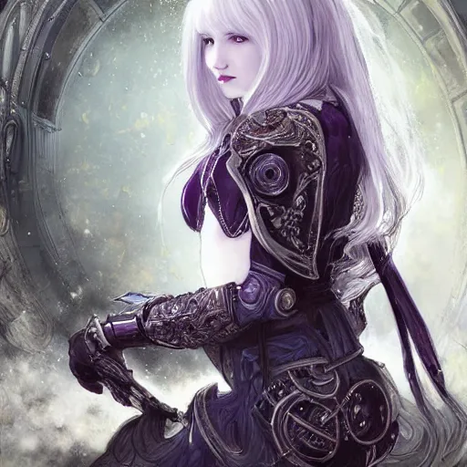 Image similar to portrait evilly white hair knights of Zodiac girl, metalic deep purple and black reflected armor, in ruined Agora of Athens night, ssci-fi and fantasy, intricate and very very beautiful and elegant, highly detailed, digital painting, artstation, concept art, smooth and sharp focus, illustration, art by tian zi and WLOP and alphonse mucha