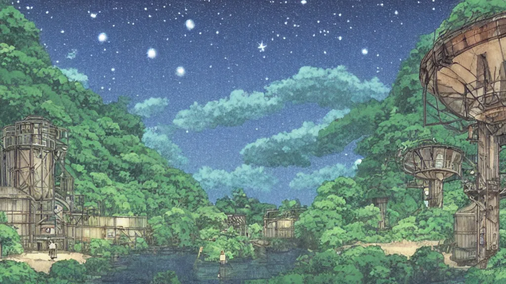 Image similar to a movie still from a studio ghibli film showing s a mine runoff storage facility in the rainforest on a misty and starry night. by studio ghibli