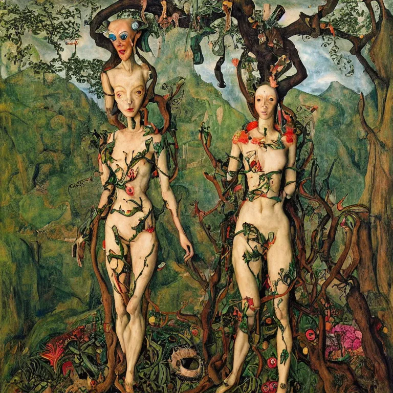 Prompt: a healthy grinning dryad lady, who looks like a cybernetic alien stands pround in the middle of a river valley. around her are tropical birds and orchids. painted by jan van eyck, egon schiele and max ernst, trending on artstation, 8 k, award winning, high octane