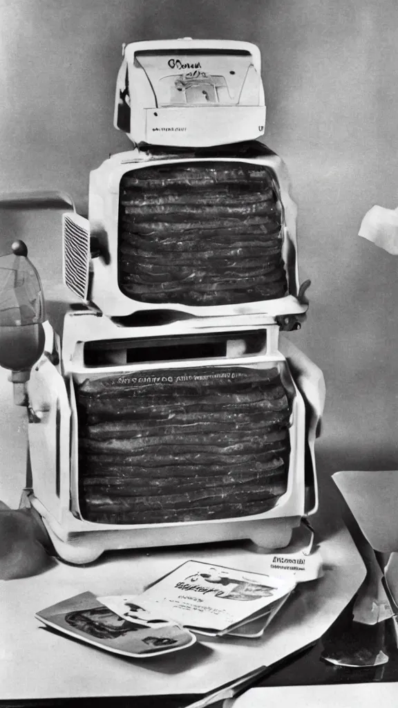 Image similar to 1 9 6 0 s food magazine photo of a computer made of ham, soft focus