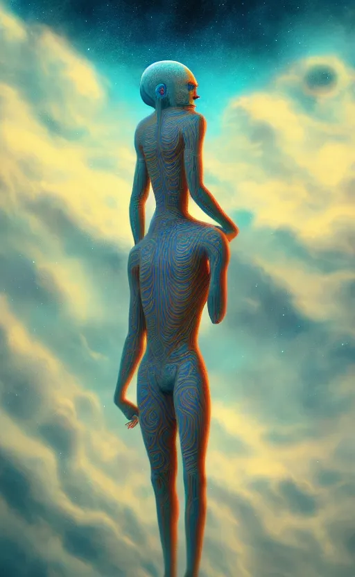 Prompt: anunnaki god, full body, planets, sky, dream, highly detailed, digital painting, refreshing, trending on artstation, octane render, illustration by james jean