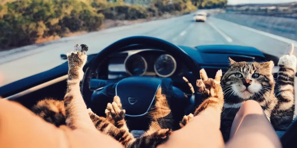 Prompt: birds eye view of convertible, cat homies chilling in car, paws on steering wheel, paw hanging out of window, golden hour, clear sky, unobstructed road