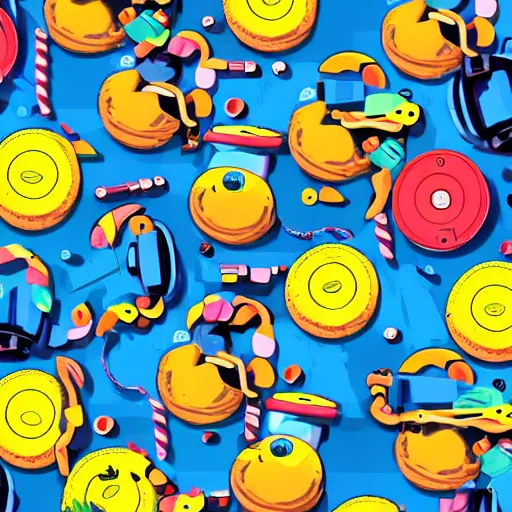 Prompt: Sesame Street Cookie Monster, Headphones, Disc-Jockeying, DJ, spinning records, Psychedelic, Cyberpunk, svg digital art, full body, from a slight distance