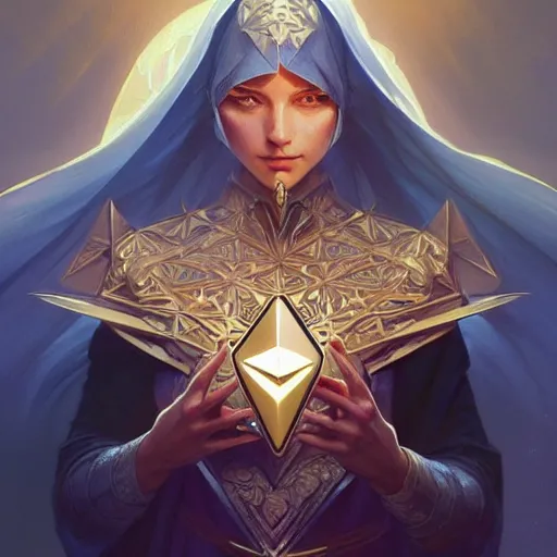 Image similar to ethereum symbol, western, d & d, fantasy, intricate, elegant, highly detailed, digital painting, artstation, concept art, matte, sharp focus, illustration, art by artgerm and greg rutkowski and alphonse mucha