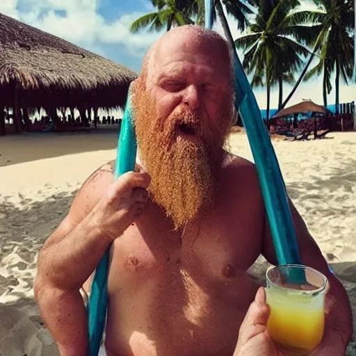 Prompt: Great Old One Cthulhu with a dad bod wearing shorts and sandals and drinking pina colada from a coconut at a sunny beach,