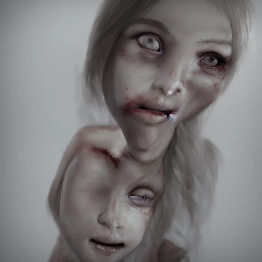 Prompt: a wonderful and realistic portrait of a female doll with a crack down the left side off her face, horror movie scene, dark fantasy, unreal engine 5,