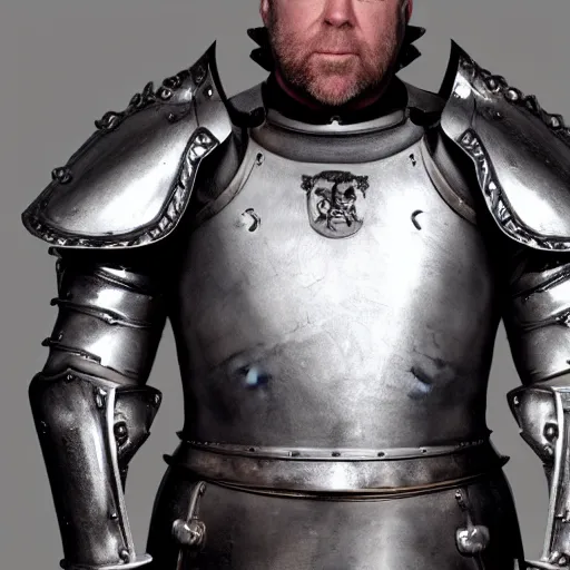 Prompt: Alex Jones using full plate crusader armor, 4k