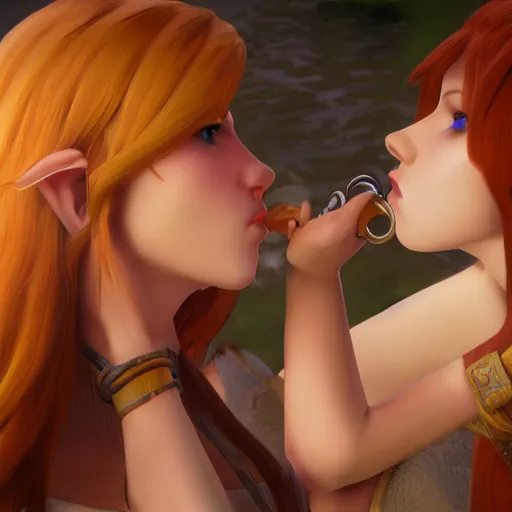 Image similar to female link and malon kissing, realistic, 3 d, raytracing, hd, max settings