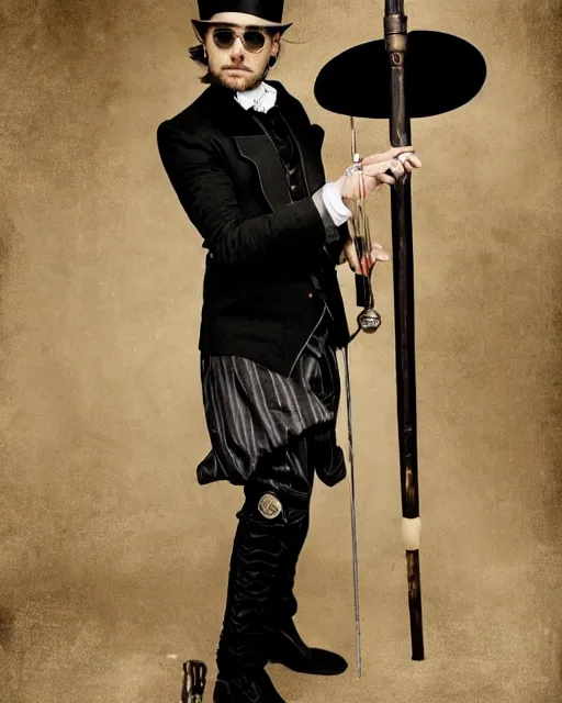 Image similar to Fashion Editorial of actor Jared Leto in an Sandy Powell designed Victorian Era Steampunk dress, wearing a top Hat and holding a Silver Cane, photographed in the Style of Annie Leibovitz