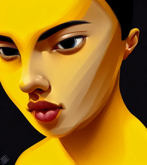 Image similar to portrait of a yellow emoji, poised, intense emotion, detailed facial expression, detailed surroundings, minimalistic, intricate, elegant, highly detailed, centered, digital painting, artstation, concept art, smooth, sharp focus