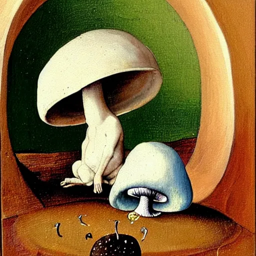 Image similar to a painting of a cute creature sitting next to a mushroom, detailed, realistic, in style of hieronymus bosch