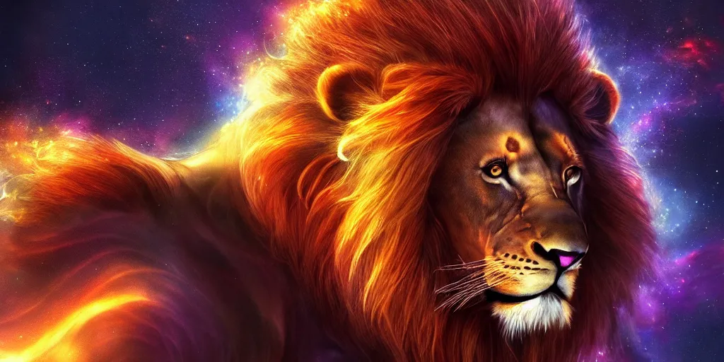 Image similar to great cosmic lion basked in dark matter in space, concept art, digital illustration, trending on artstation, deviantart, artgerm, epic composition, masterpiece, highly detailed, advanced technique, ambient lighting, wlop, ross draws