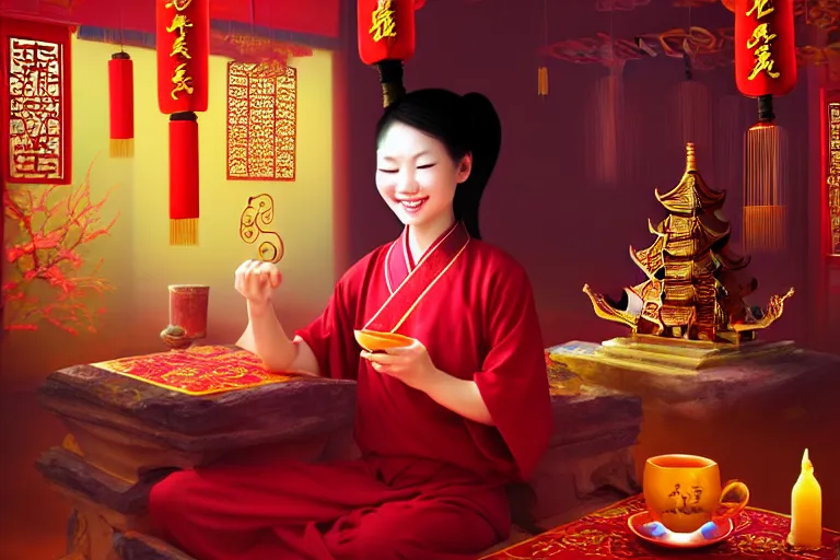 Image similar to vietnamese smiling sitting priestess, professional award - winning photo mystical chinese temple night, tea vapors, detailed soft digital fantasy art