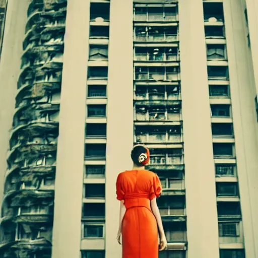 Image similar to giant flower head, frontal, woman standing in mid century building, surreal, symmetry, bright, tone in tone, cinematic, wes anderson