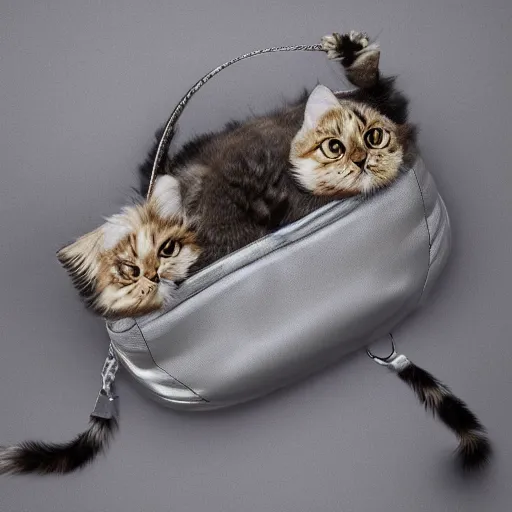 Prompt: a highly detailed photo of a big transparent bag full of furry cats, gray background, studio lighting, 4 k, 8 k