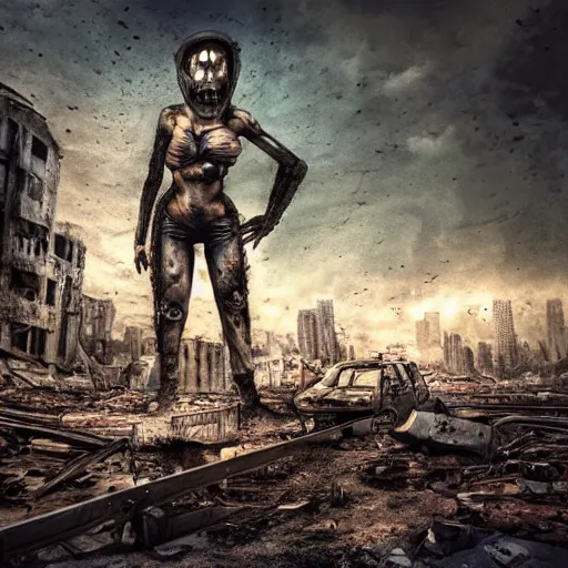 Image similar to pretty face, wide angle lens, photorealistic, 4k, background of destroyed city post apocalyptic, steakpunk, soft lighting, portrait, style of giger, GIGER, horror alien giger