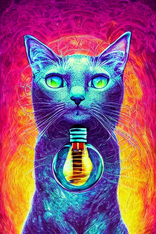 Image similar to portrait of an ethereal cat inside a light bulb, modern fine art, lithe, dreamscape, intricate, elegant, subsurface scattering, highly detailed, pop art painting, organic acrylic flow art, psychedelic surreal art, acrylic art, watercolor, featured on deviantart, cgsociety