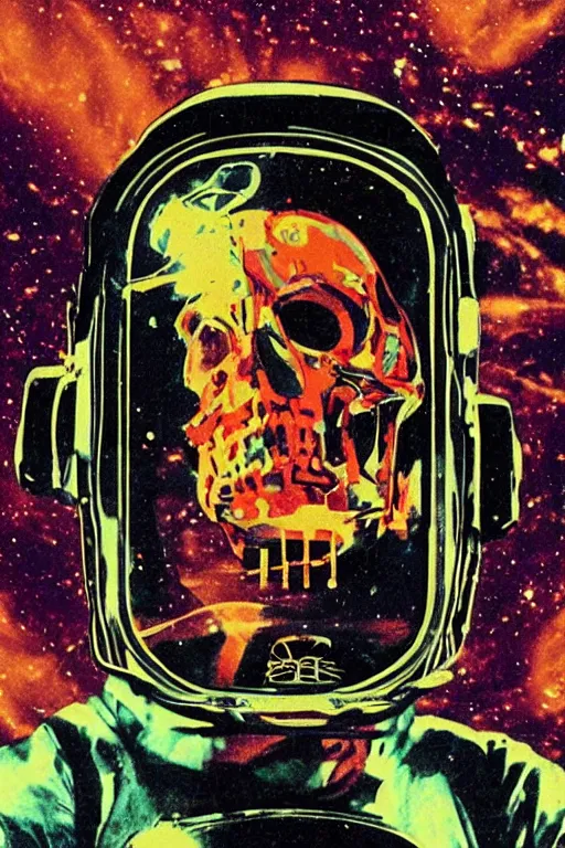 Image similar to astronaut with neon glowing skull 1 9 6 0 s color _ bleed _ video compression video glitch vhs footage akira kurosawa mamoru oshii wes anderson