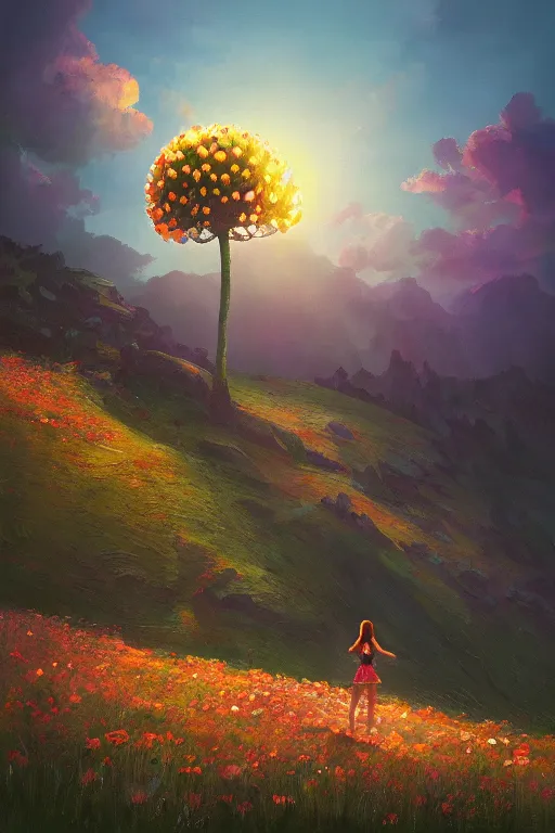 Image similar to giant daisy flower head, girl hiking in the mountains, surreal photography, sunrise, dramatic light, impressionist painting, colorful clouds, digital painting, artstation, simon stalenhag