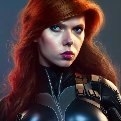 Image similar to Kerry marie as black widow, au naturel, hyper detailed, digital art, trending in artstation, cinematic lighting, studio quality, smooth render, unreal engine 5 rendered, octane rendered, art style by klimt and nixeu and ian sprigger and wlop and krenz cushart