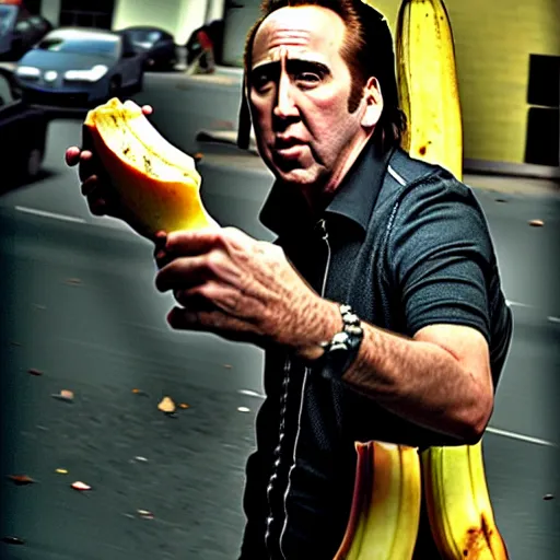 Prompt: uhd candid photo of nicholas cage, down on his luck, ranting maniacally on skid row while wielding a banana. correct face, intricate details, hyperdetailed, accurate face. photo by annie leibowitz