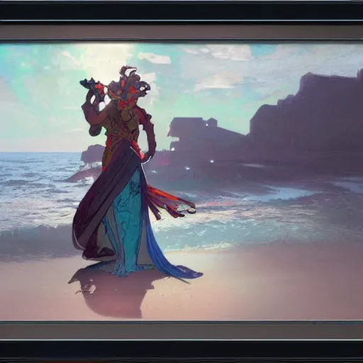 Image similar to giant robot is on an empty beach, at dusk, art by greg rutkowski and alphonse mucha. colorful, highly detailed, trending on artstation, 4 k, epic, cinematic lightning