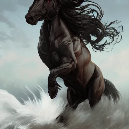 Prompt: splash art of a huge muscular black - coated anthropomorphic horse character with long white hair wearing tactical kevlar fabric, exaggerated muscle physique, highly detailed, furry, furaffinity, digital painting, artstation, sharp focus, illustration, art by artgerm, greg rutkowski, alphonse mucha
