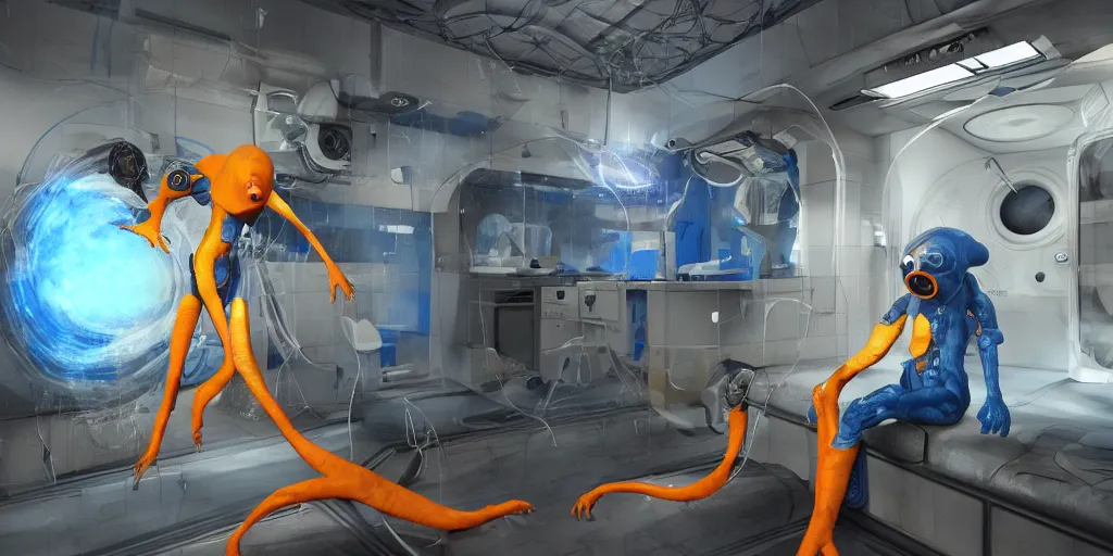 Image similar to team of sci - fi scientists in blue bio - hazard suits research creepy alien in stasis capsule filled water with orange light, high detail, dark environment, volumetric light, unreal engine 5, digital art