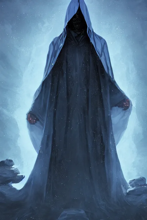 Prompt: a full body portrait of a mysterious sorcerer with a very long hooded grey and blue cloak made of stars and clouds standing infront of an altar by maciej kuciara and jason chan, ominous, cosmic horror, trending on artstation, ultra detailed, hyper realistic 4 k