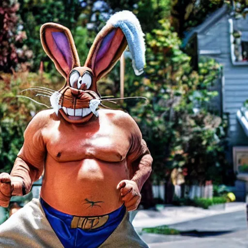 Image similar to Danny Trejo as Bugs Bunny from Looney Tunes, live action movie, set photo in costume, cosplay, photograph